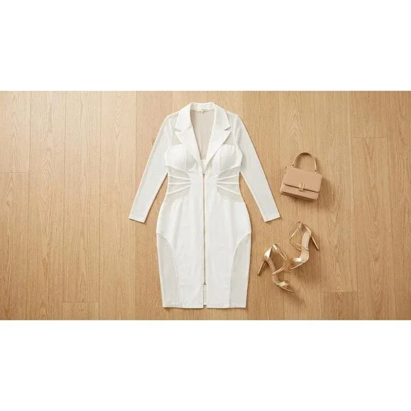 Curvy Sense Blazer Bodycon Dress Womens 2XL Ivory Sheer Mesh Cutout Zip Sexy - Picture 2 of 14